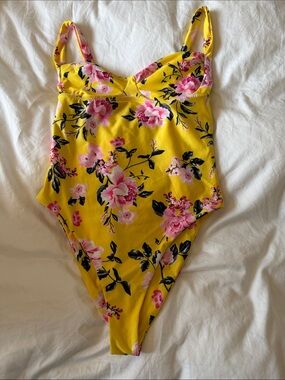 Yellow Floral One-Piece Swimsuit with Pink Bloom Print